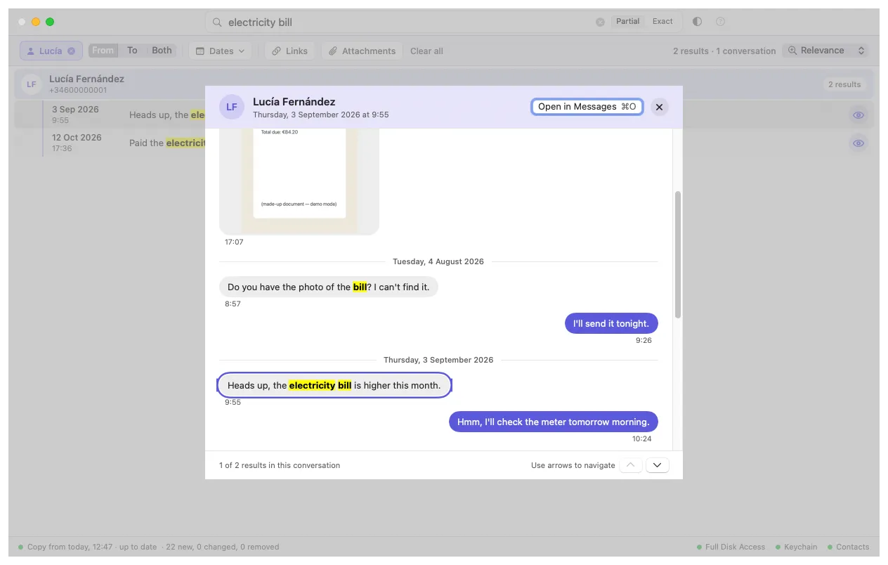 The isift.app window with invented demo data: a search for “electricity bill” from Lucía Fernández, results grouped by conversation, and the conversation around the found message open on top.